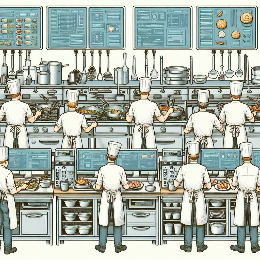 illustration of cooks using kitchen display screens