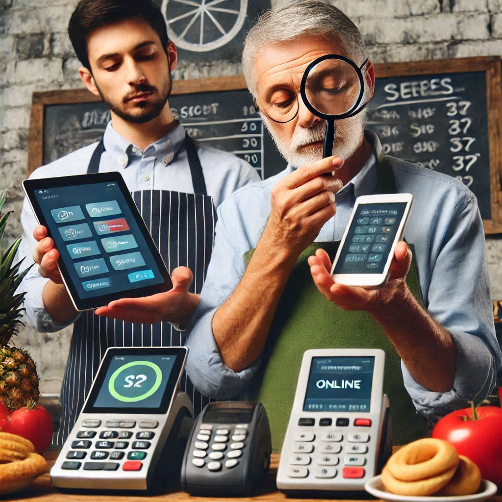 gentleman uses magnifying glass to examine restaurant POS hardware