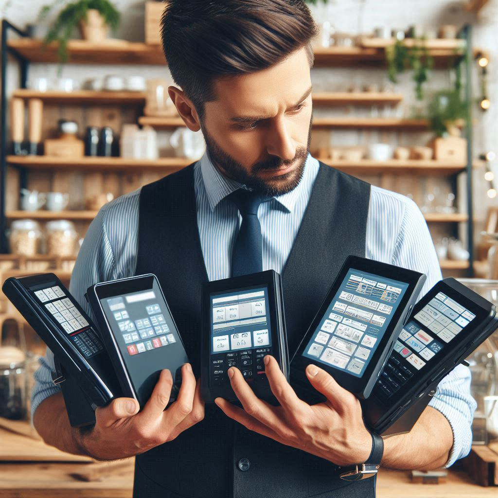 man holding many models of mobile POS